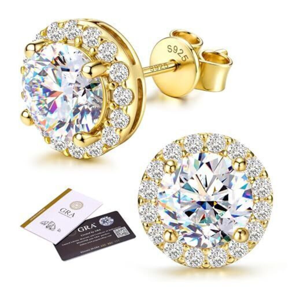 8763 Moissanite Halo Earrings Studs : 18K Gold Plated 925 Sterling Silver